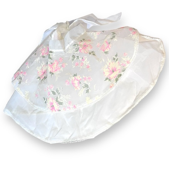 VTG Layered Chiffon Blend Sheer Neon Pink Floral Print Kitchen Half Apron - Picture 2 of 7